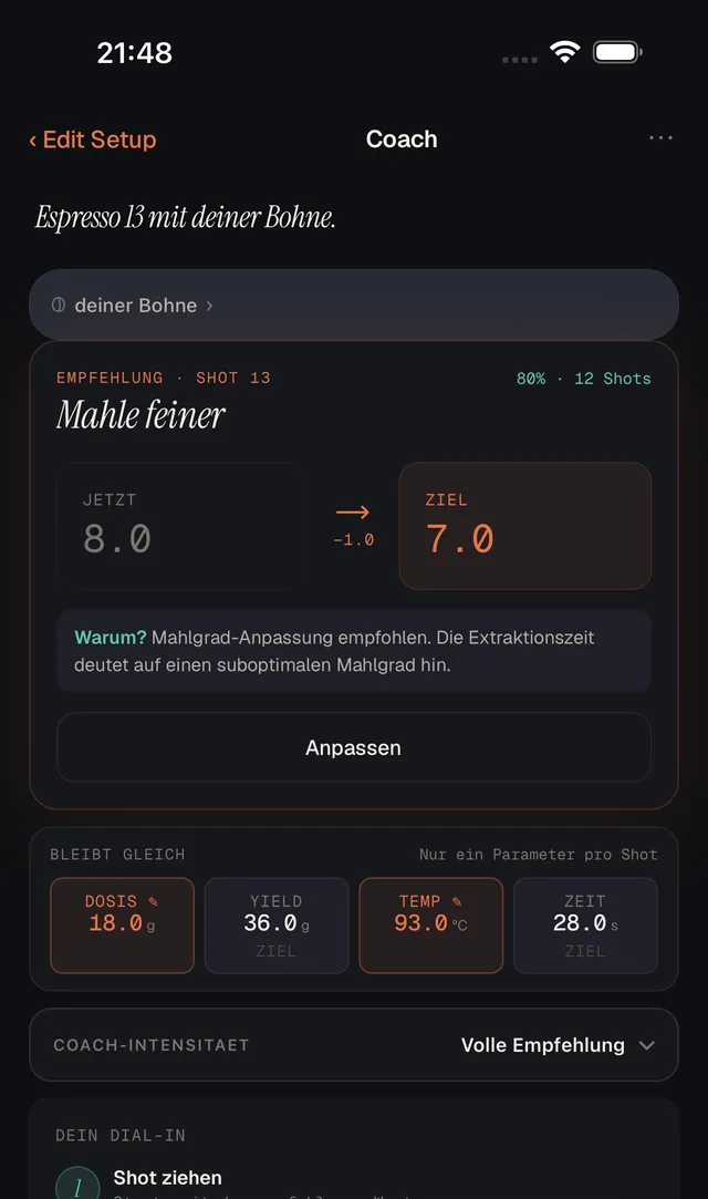 Coach-Screen mit einem hervorgehobenen Bruehparameter
