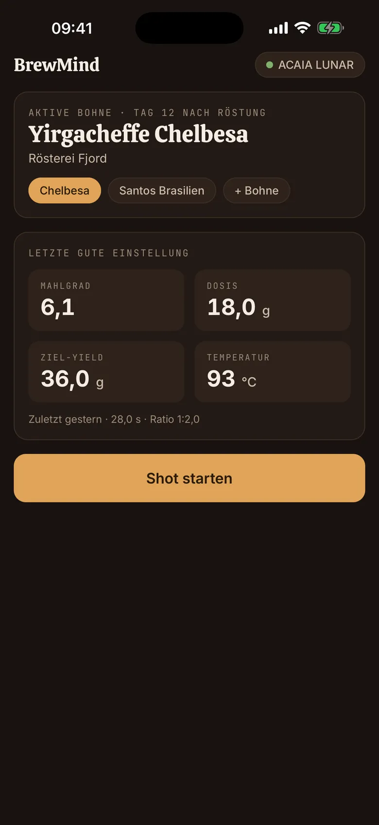 Das Bohnen-Cockpit von BrewMind: aktive Bohne, Tag nach Röstung und die zuletzt gefahrene Einstellung