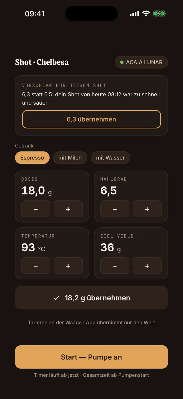 Vorbereitungs-Screen mit dem Vorschlag für diesen Shot über den Steppern für Dosis, Mahlgrad, Temperatur und Ziel-Yield